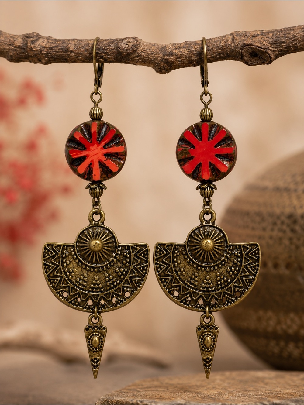 Art Nouveau Red Czech Glass Bronze Fan Dangle Earrings Boho Artisan